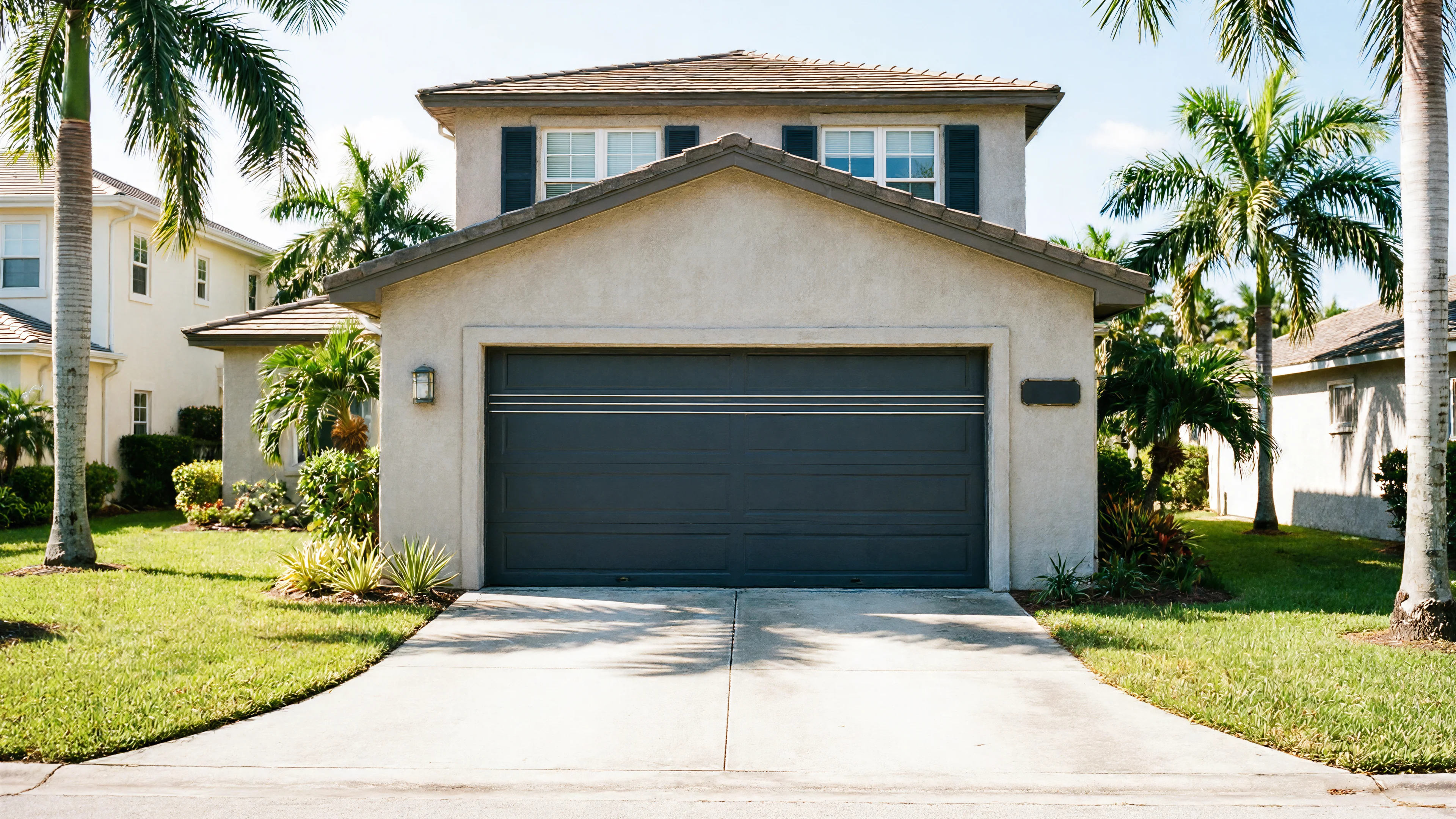 The house has a dark gray garage door with horizontal decorative lines.